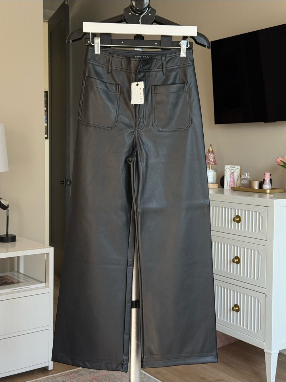 Miou Muse Faux Leather Wide-Leg Jeans - Black, small NWT